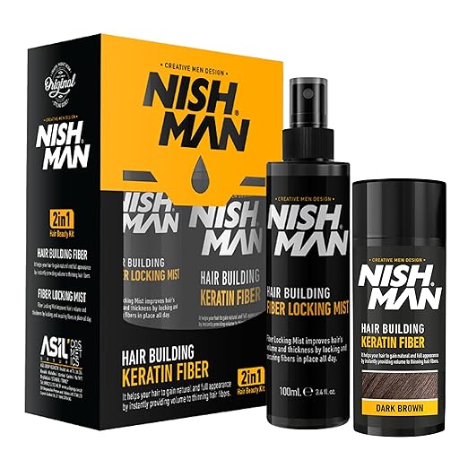 NishMan Hair Building Keratin Fiber Kit and Fiber Locking Mist 100ml + 21g  Dark Brown