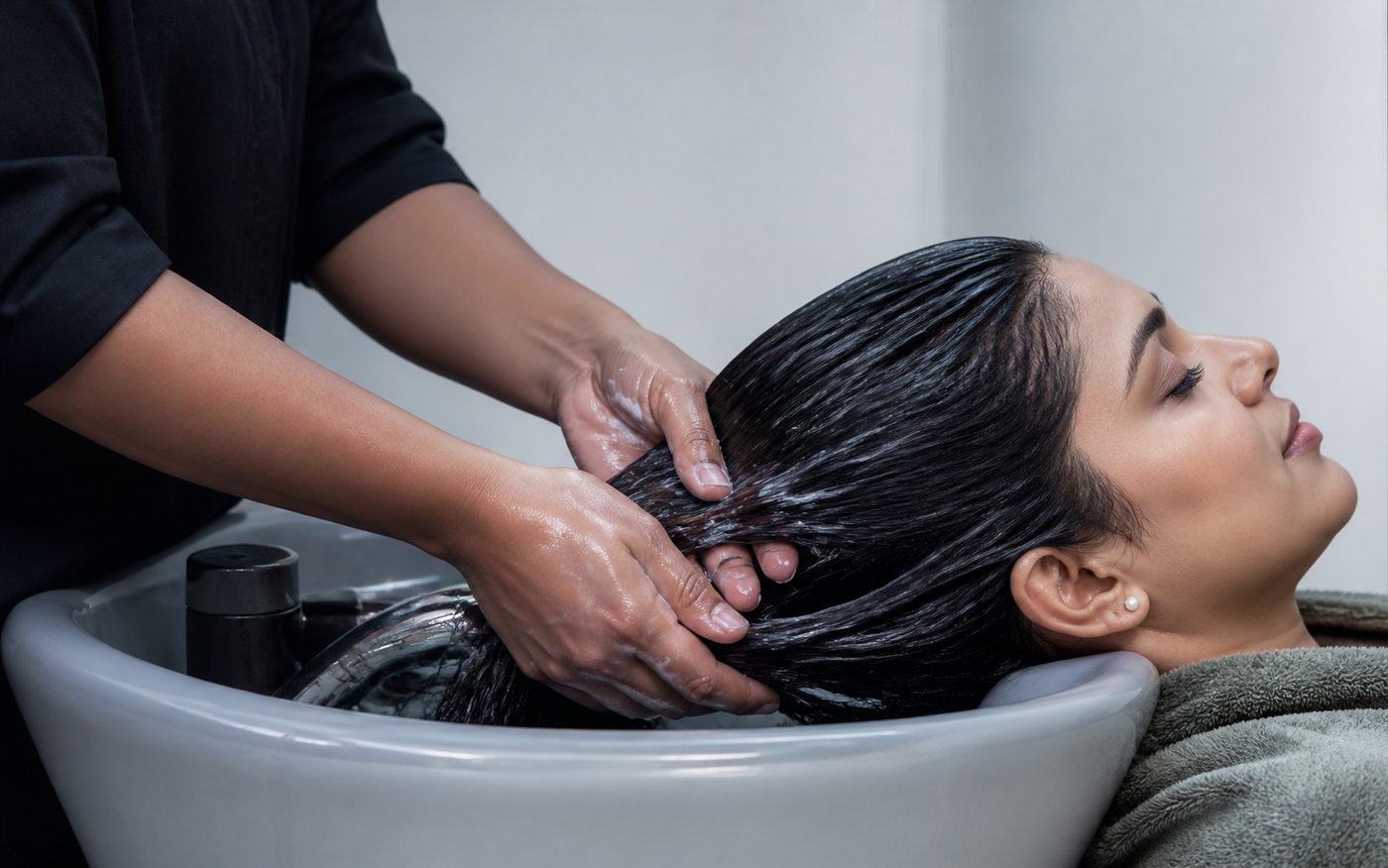 Indian salon professional applying a reparative treatment to wet dark hair at a cool-toned wash basin