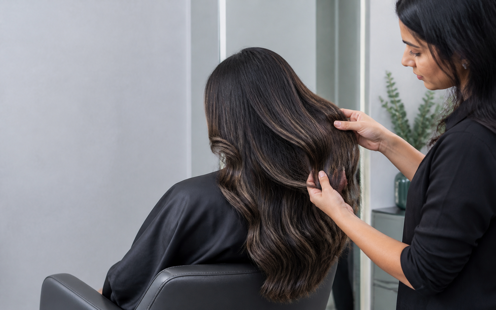 Indian salon colourist working with dimensional dark hair in a cool-toned editorial setting