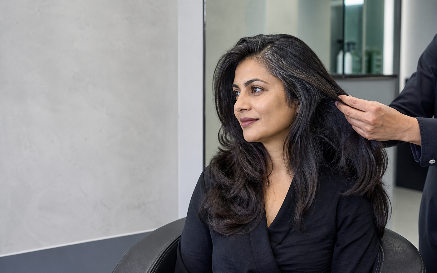 Indian salon client with naturally textured dark hair and subtle silver strands, in a cool-toned editorial setting