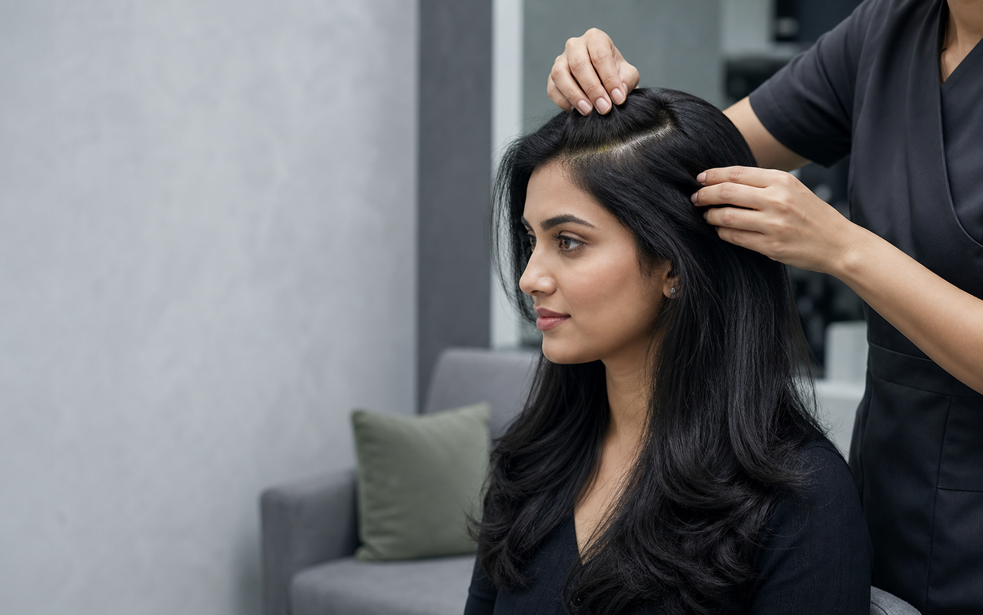 Indian woman receiving a professional scalp consultation in a cool-toned salon