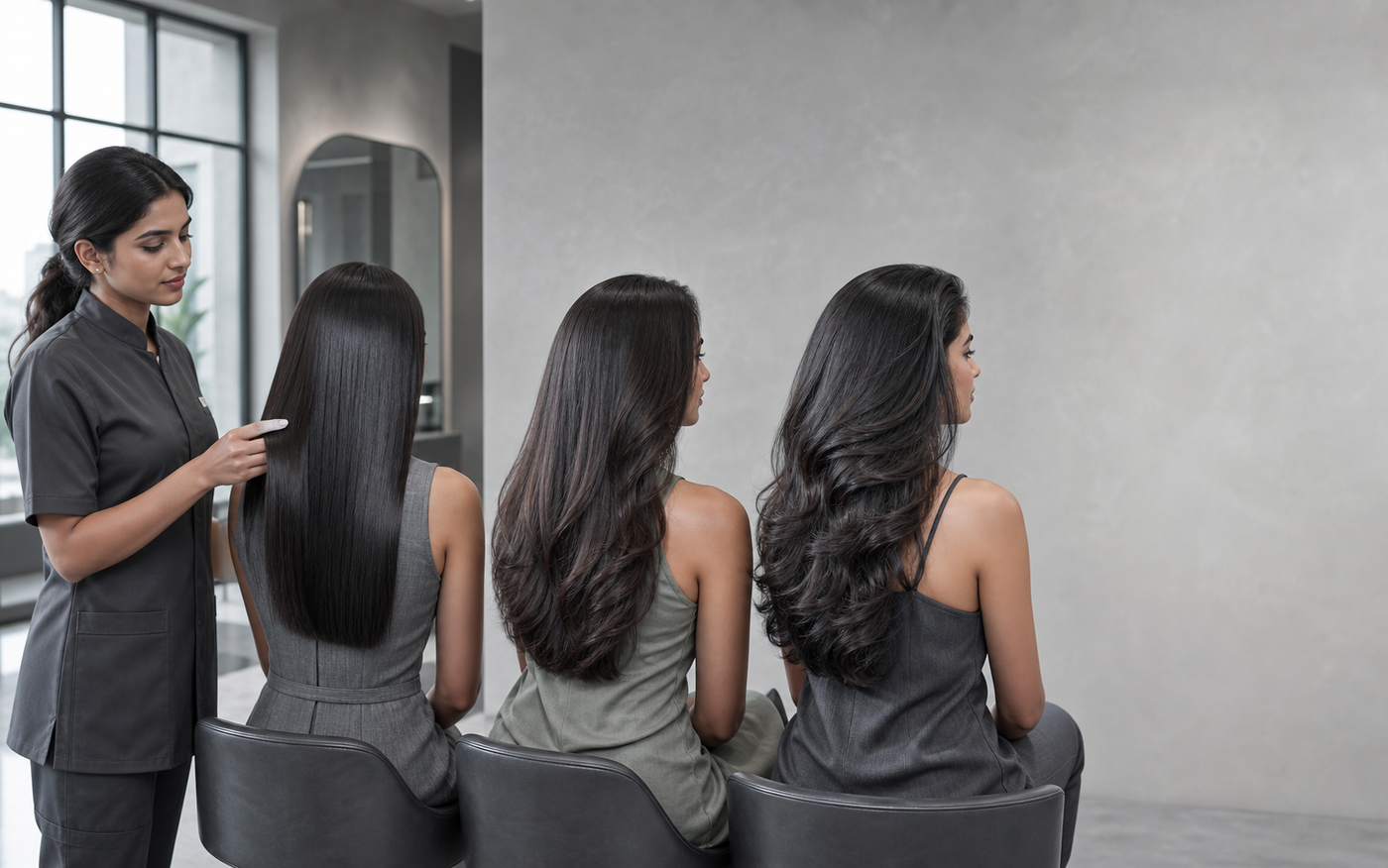 Three Indian women showing distinct sleek and smooth hair finishes in a cool-toned salon