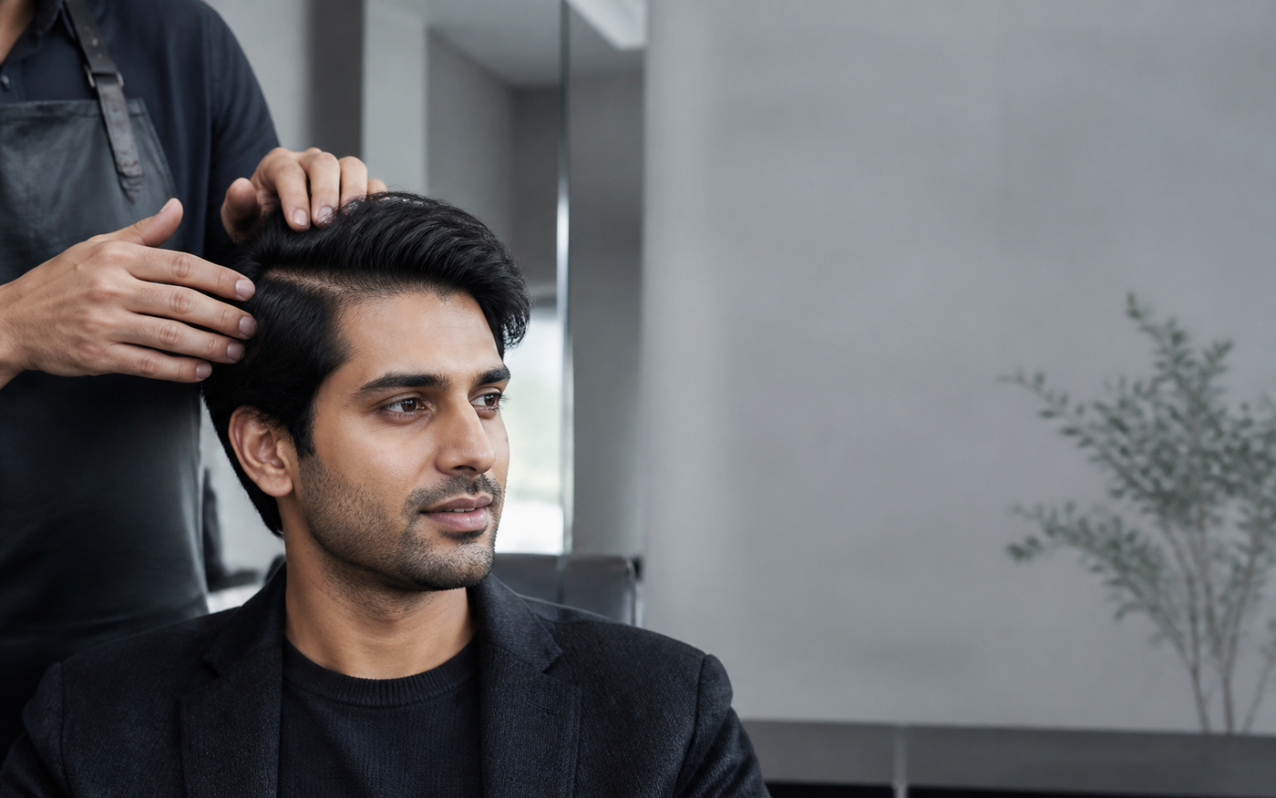 Indian man receiving a professional hair-density consultation in a cool-toned salon