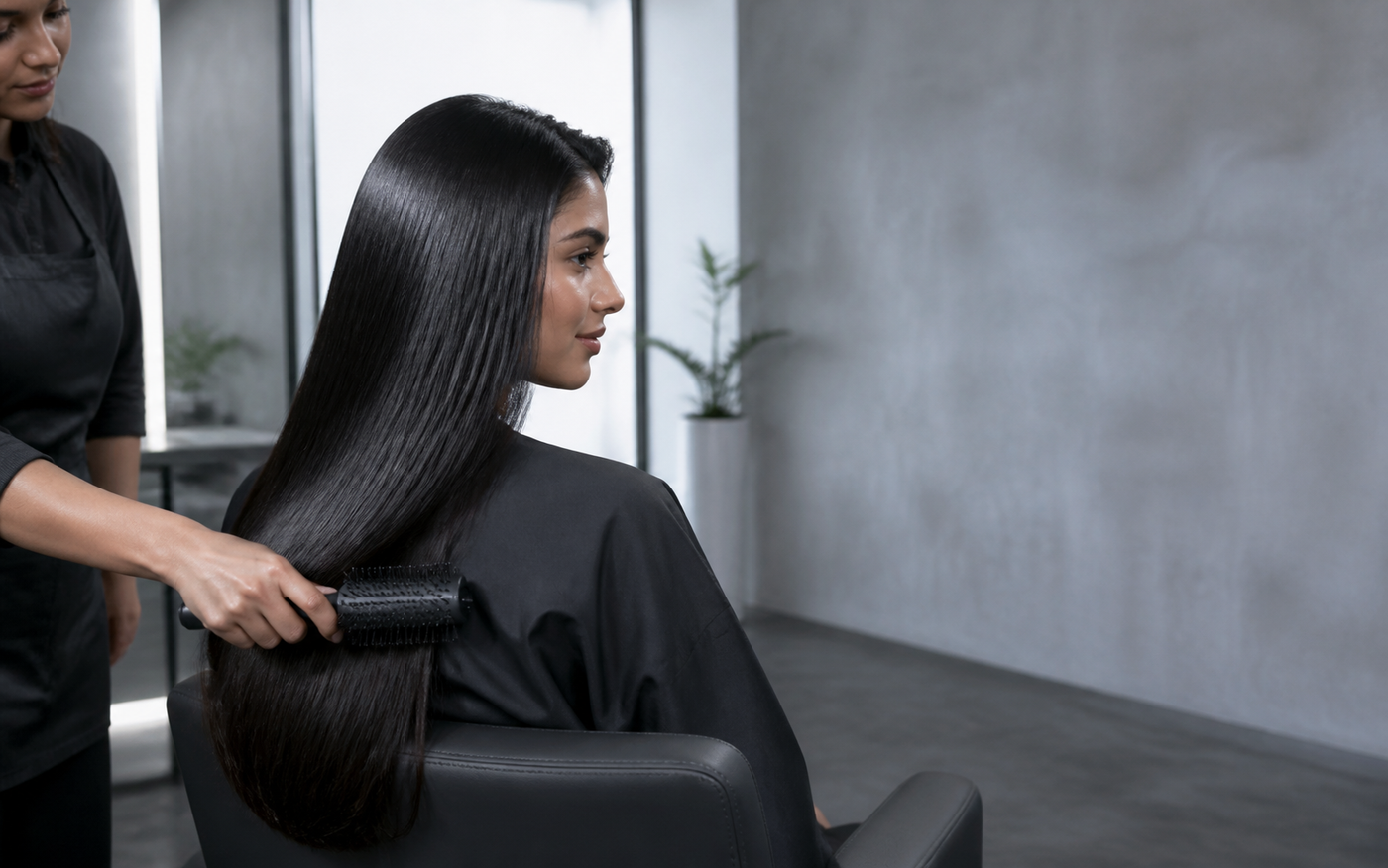 Indian woman with sleek smoothened hair receiving salon aftercare in a cool-toned interior