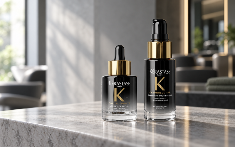 Kérastase Chronologiste Longevity Potion and Overnight Youth Serum on cool grey stone