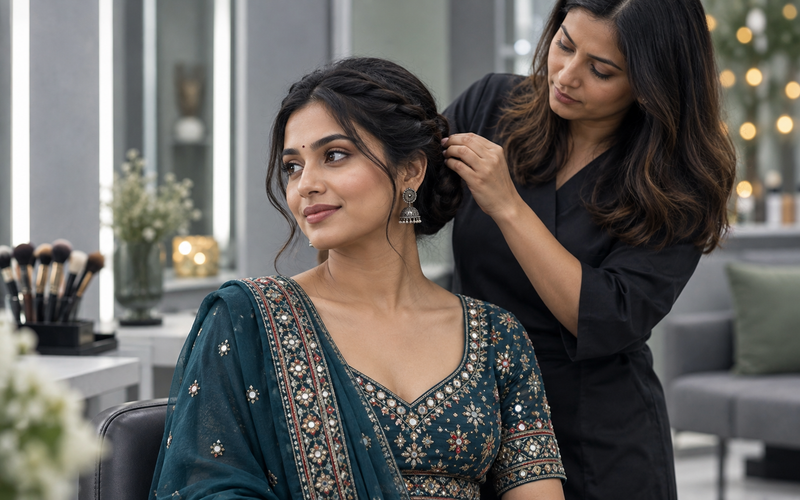 Indian woman with a secure braided updo and festive makeup being prepared for Garba in a contemporary salon