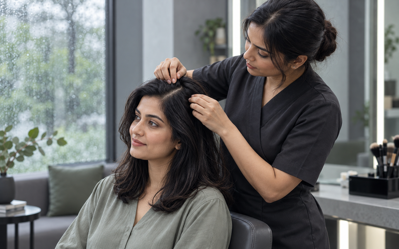 Indian client receiving a gentle scalp and hair-parting consultation beside a rain-speckled salon window