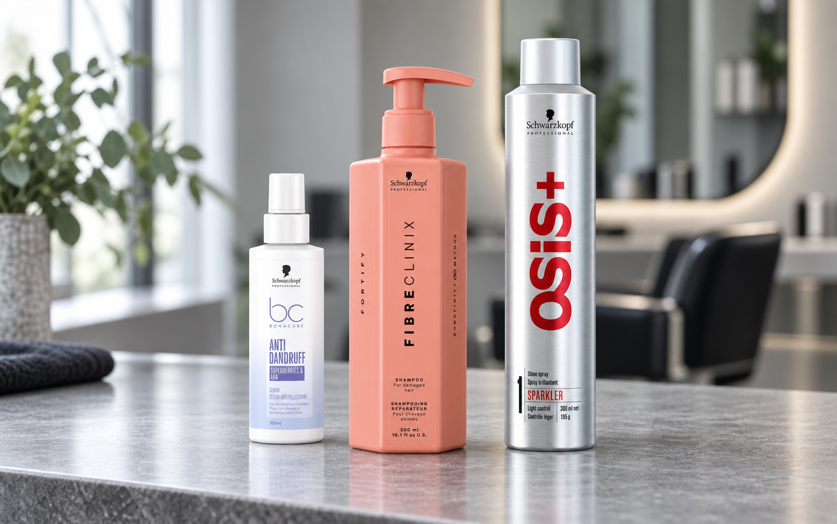 Schwarzkopf BC Bonacure scalp serum, Fibre Clinix Fortify shampoo and OSiS+ Sparkler displayed together on a cool-toned salon counter