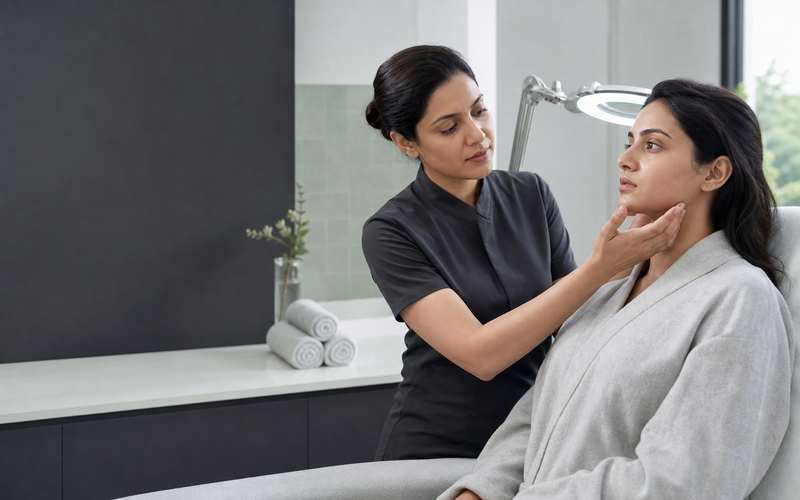 Indian client receiving a professional skin consultation in a cool contemporary salon spa.