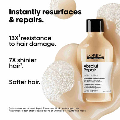 L'Oreal Absolut Repair Shampoo 300ml, for instantly resurfaced & repaired hair.