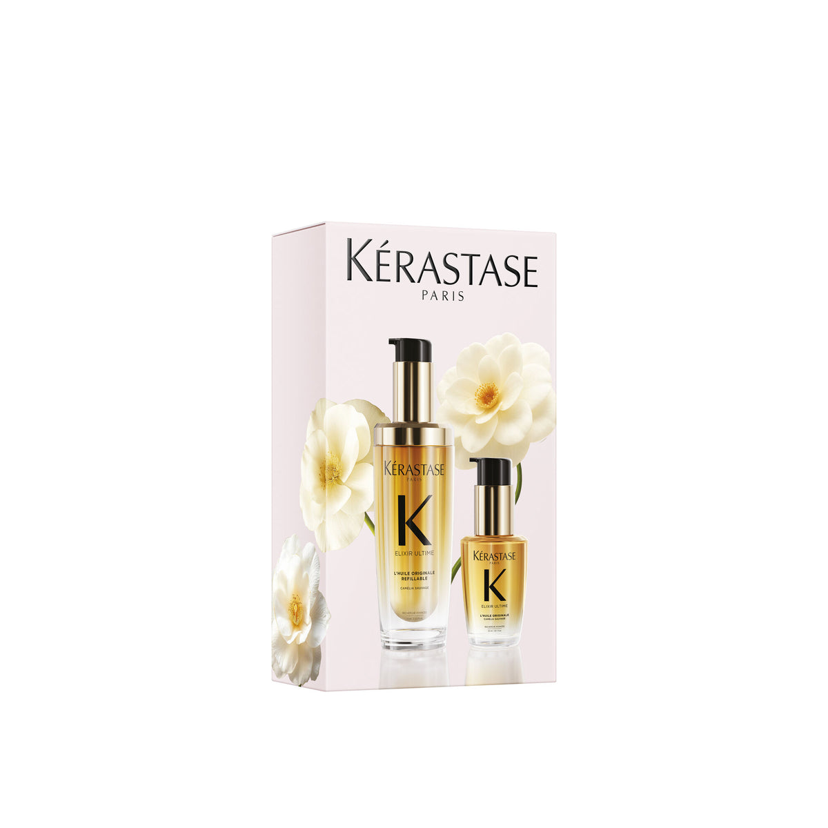 Kérastase Elixir Ultime L'Huile Originale Duo Gift Set, 75 ml refillable oil and 30 ml travel oil in a floral camellia box