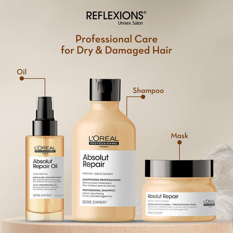 Loreal Professionnel Paris Absolut Repair Shampoo 300ml, Hair Mask 250gm & hair Serum 90ml, Serie Expert with Protein and Gold Quinoa for Dry and Damaged Hair - Reflexions Salon