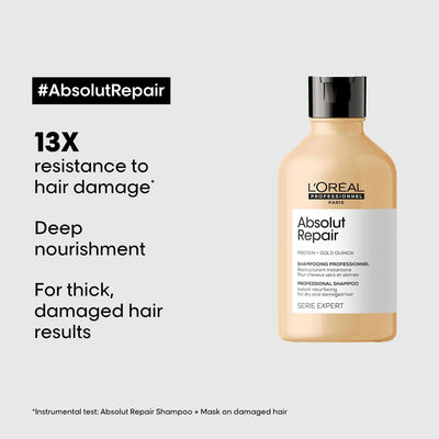 Loreal Professionnel Paris Absolut Repair Shampoo 300ml, Hair Mask 250gm & hair Serum 90ml, Serie Expert with Protein and Gold Quinoa for Dry and Damaged Hair - Reflexions Salon