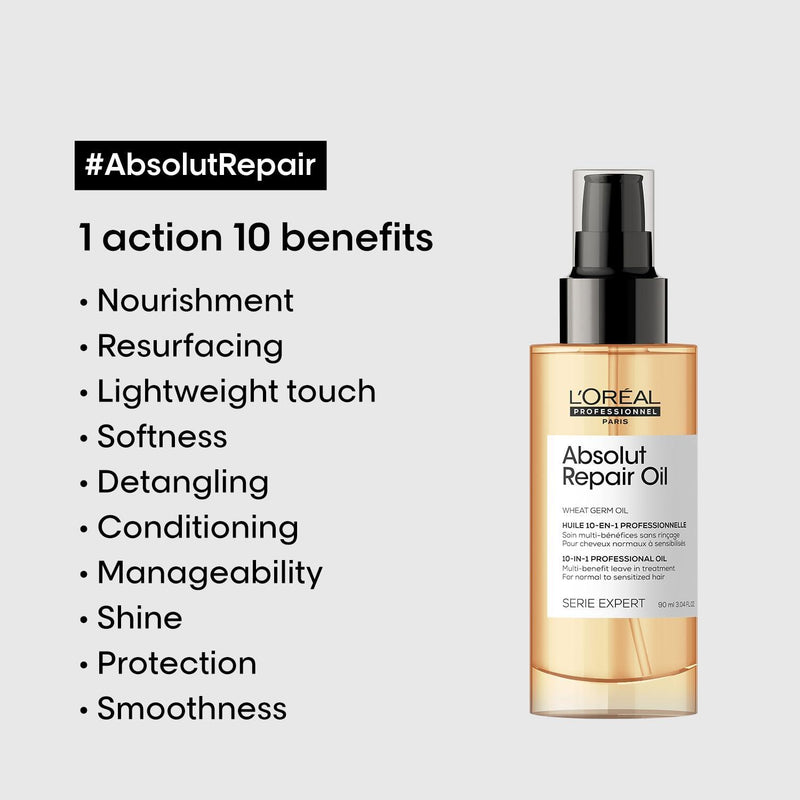 Loreal Professionnel Paris Absolut Repair Shampoo 300ml, Hair Mask 250gm & hair Serum 90ml, Serie Expert with Protein and Gold Quinoa for Dry and Damaged Hair - Reflexions Salon