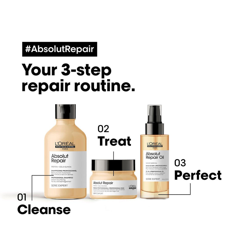 Loreal Professionnel Paris Absolut Repair Shampoo 300ml, Hair Mask 250gm & hair Serum 90ml, Serie Expert with Protein and Gold Quinoa for Dry and Damaged Hair - Reflexions Salon