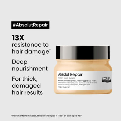 Loreal Professionnel Paris Absolut Repair Shampoo 300ml, Hair Mask 250gm & hair Serum 90ml, Serie Expert with Protein and Gold Quinoa for Dry and Damaged Hair - Reflexions Salon