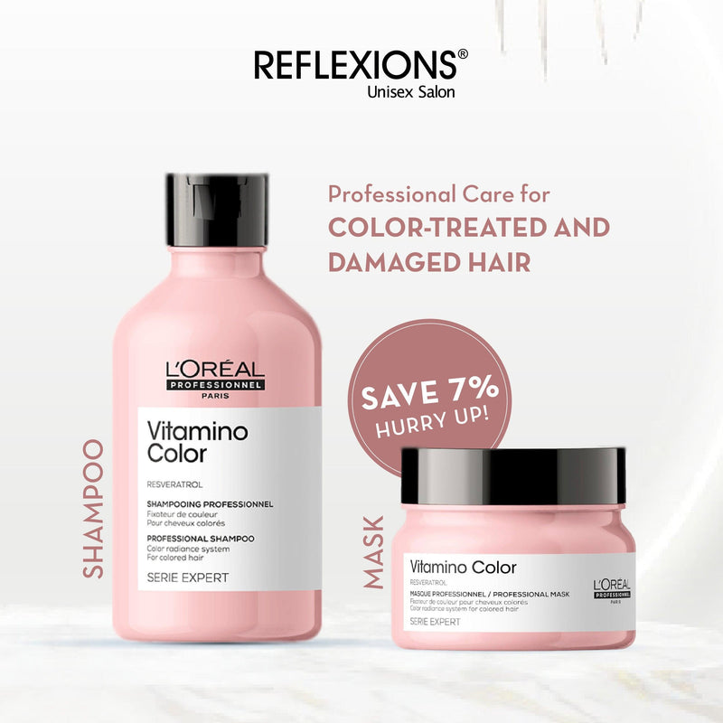 Loreal Professionnel Paris Vitamino Color Shampoo 300ml & Hair Mask 250gm Combo for Colour Protected, Radiant hair, Serie Expert - Reflexions Salon